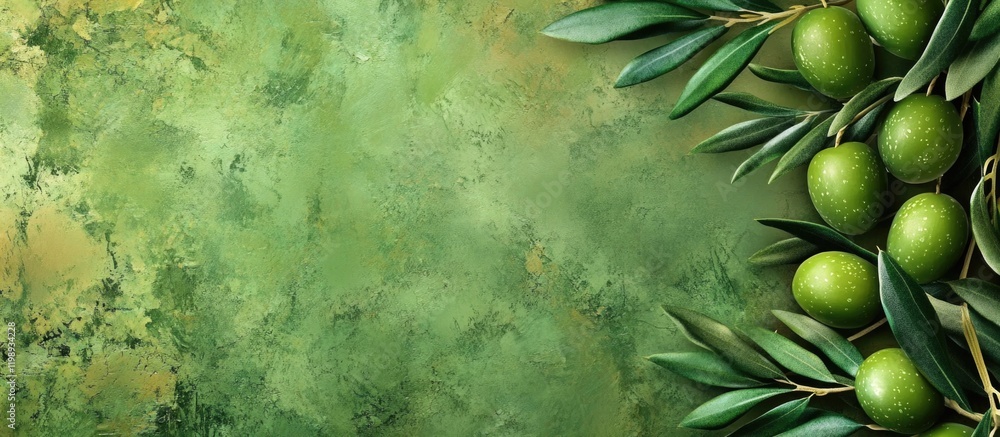 Aufkleber green textured background with olive branches and olives on the left side featuring ample copy space