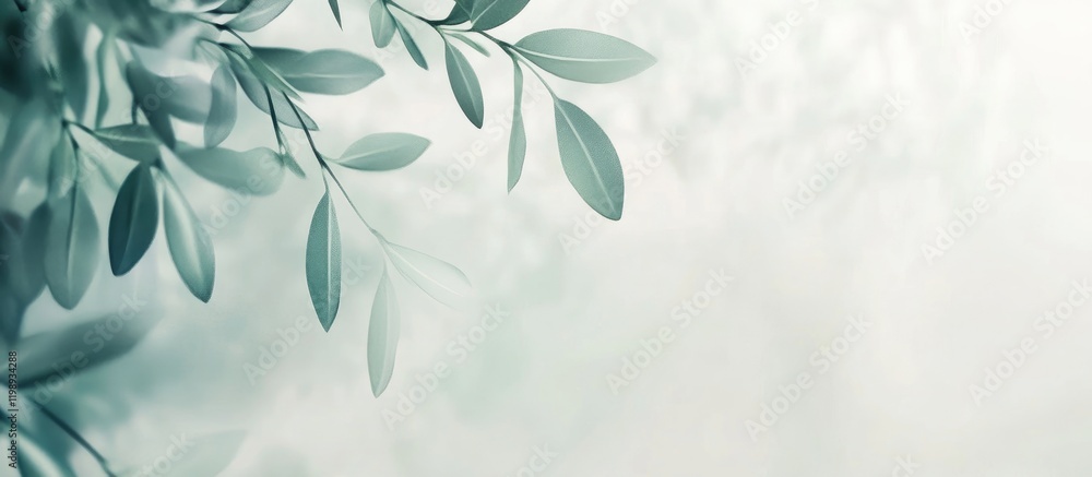 Poster green leaves with soft blurred background and copy space for text or graphics