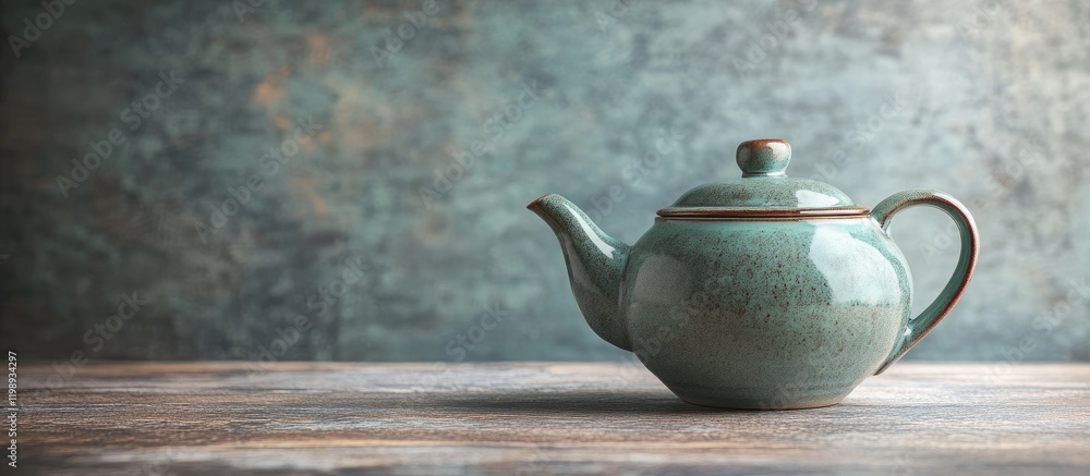 Poster antique teal teapot on rustic wooden table with textured background and copy space for text placemen