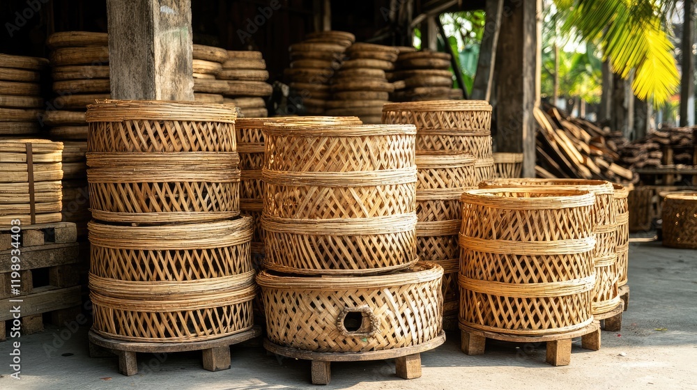 Aufkleber bamboo wicker baskets arranged in a traditional workshop setting with wooden textures and copy space