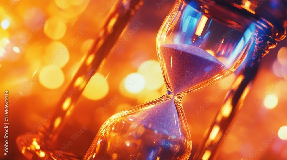 Aufkleber close-up of an hourglass against a blurred warm bokeh background with vibrant colors and copy space 