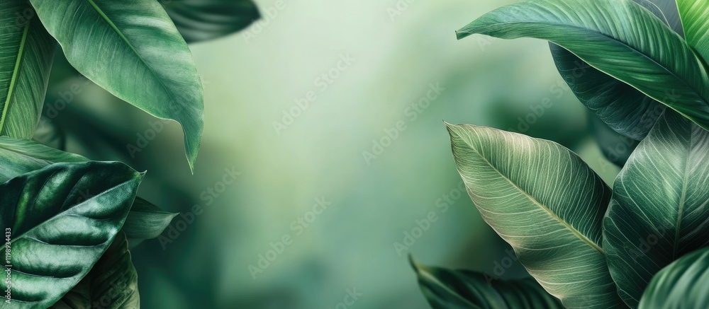 Poster lush green tropical leaves with soft focus background and ample copy space for text integration