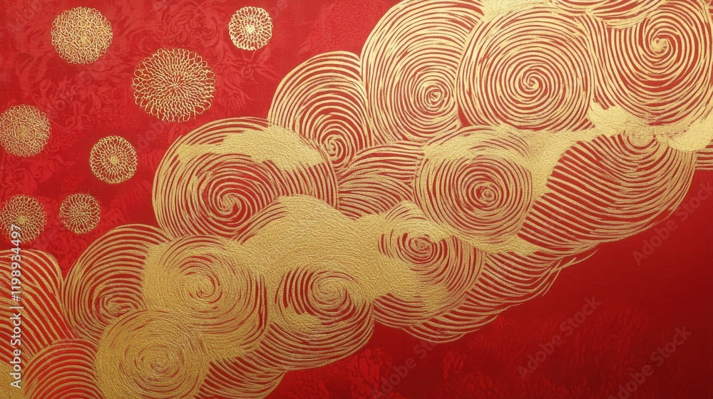 Poster red background with golden swirling patterns and abstract shapes creating a decorative design copy s