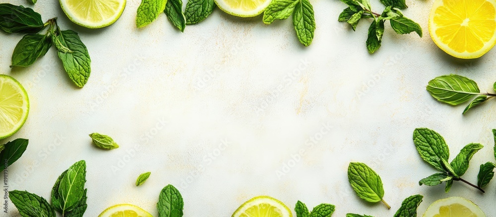 Poster fresh mint leaves and lemon slices arranged on a marble background with ample copy space for text or