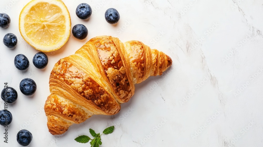 Poster freshly baked croissant with lemon slices and blueberries on a marble surface with copy space for te
