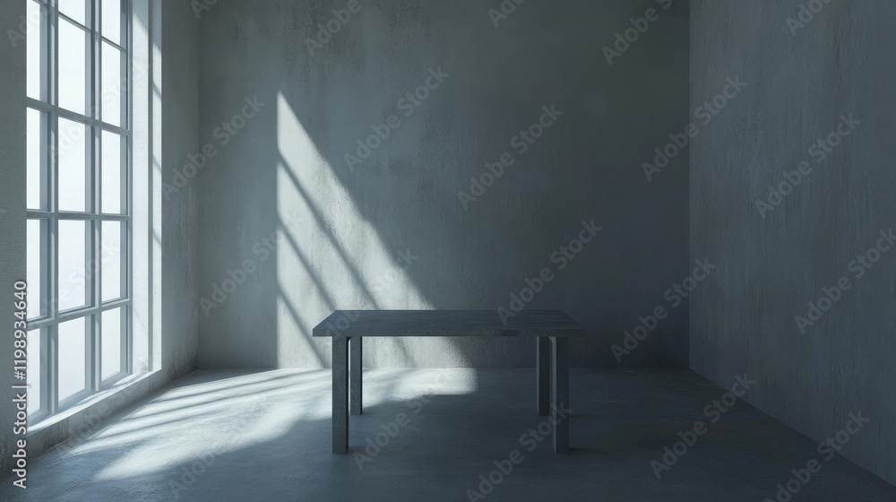 Poster minimalist interior with empty table and large window casting shadows in a gray concrete room with a