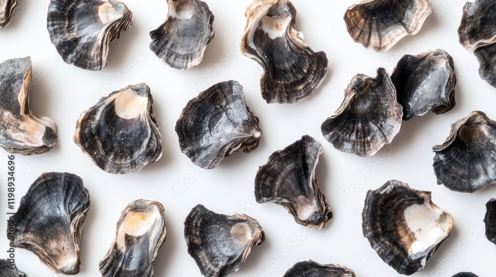 Poster scattered empty oyster shells on a white background with copy space for text placement.