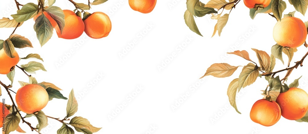 Poster orange fruit frame with leaves on a white background featuring ample copy space for text insertion