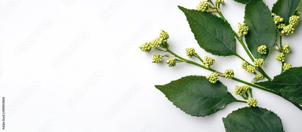 Poster green leaves and buds arranged on a white background with ample copy space for text placement