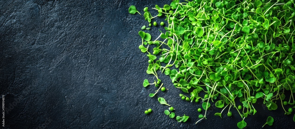 Poster fresh green microgreens on a dark textured surface with copy space for text or design elements