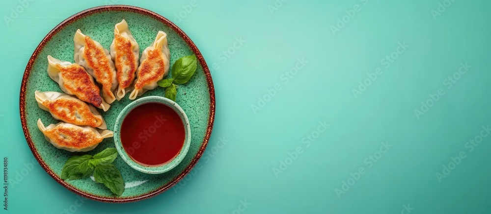 Poster plate of dumplings served with dipping sauce on a mint green background with ample copy space for te