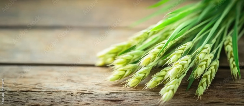 Poster fresh green wheat stalks on a rustic wooden table with copy space for text or graphic design.
