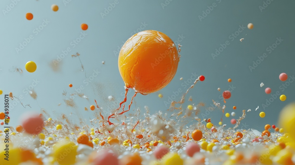 Poster colorful floating balloon surrounded by vibrant spheres and droplets on a textured background with c