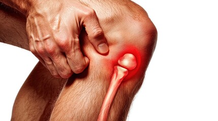 Naklejka premium Man holding his painful knee with highlighted joint inflammation.