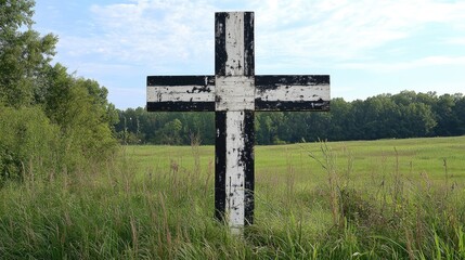 Weathered wooden cross in a grassy field against a cloudy sky with trees in the background Copy Space