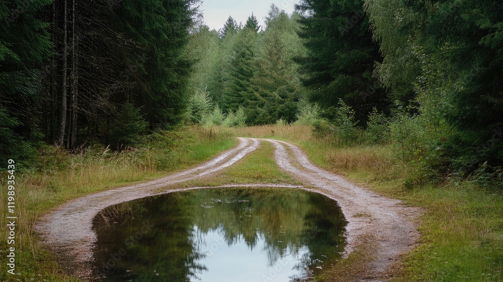 Poster forest path with intersecting dirt trails surrounded by greenery and a large puddle reflecting the t