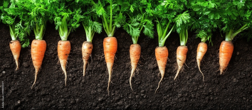 Aufkleber freshly harvested carrots with green tops arranged in a row on dark soil background with copy space 