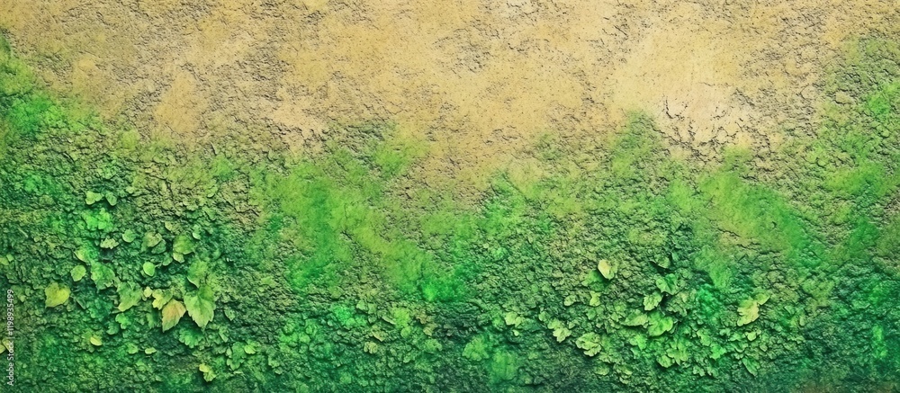Poster green textured background with patches of grass and soil copy space