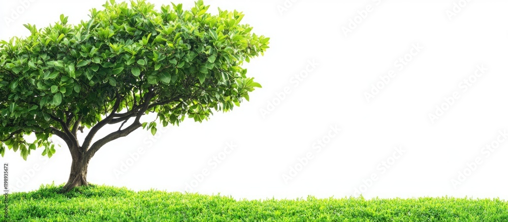 Poster single lush green tree on grassy hilltop with blank white background and ample copy space for text p