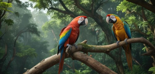 A brightly colored macaw perched on a curved branch of a ancient tree amidst the rainforest undergrowth, tropical sanctuary, tree branch, arboreal dwelling