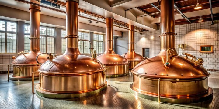 A brewery brewhouse with copper kettles and steam rising from the mash tun, brewery equipment, steam, mash tun