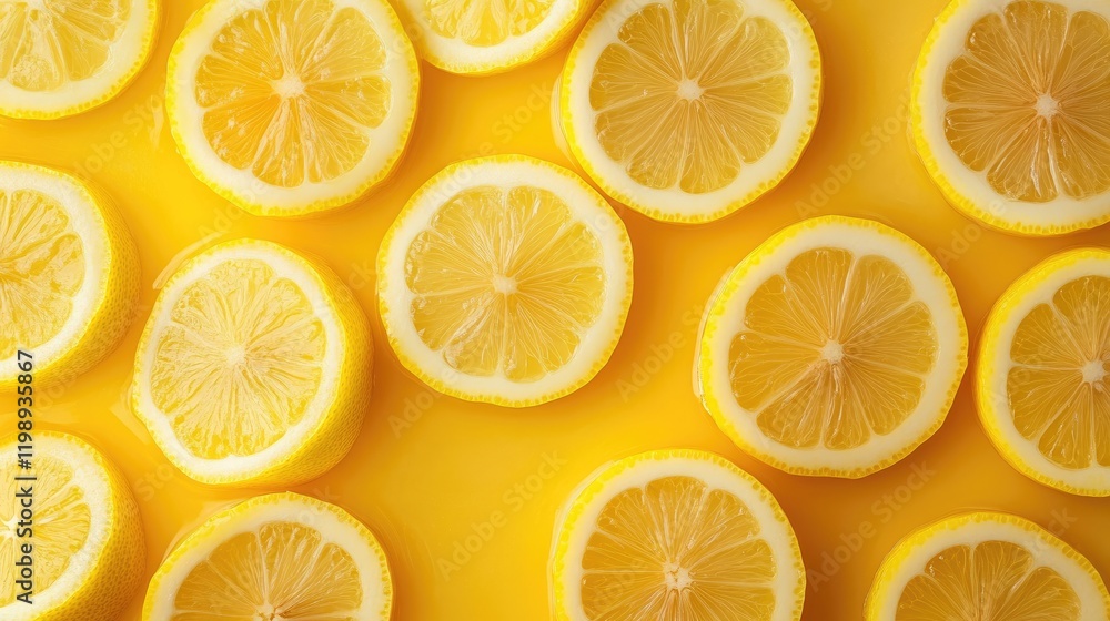 Poster yellow lemon slices arranged on a vibrant yellow background with copy space for text placement.
