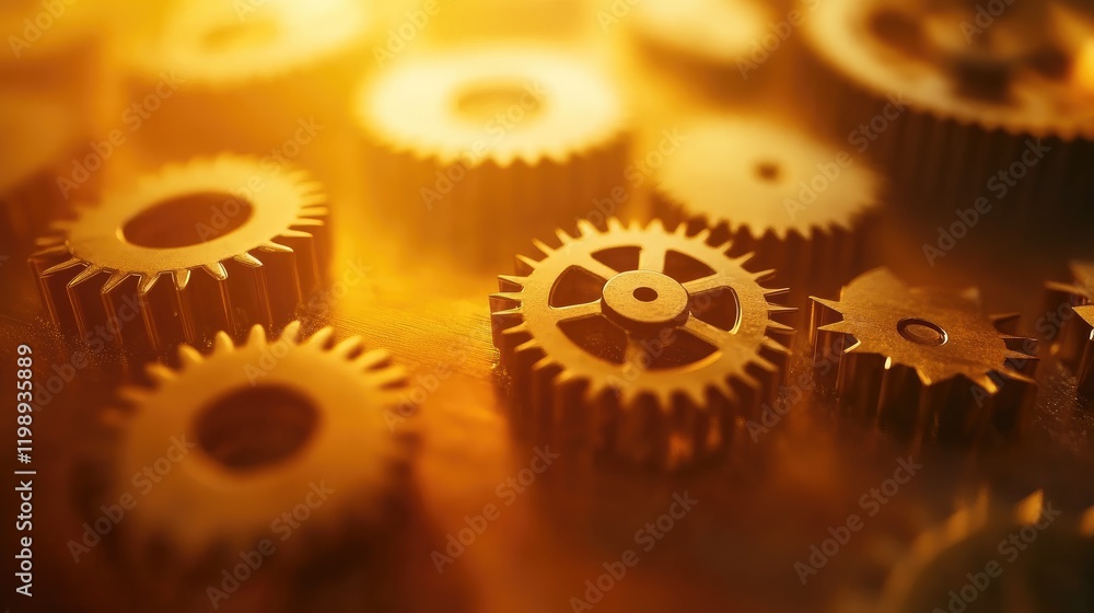 Poster close-up view of metal gears in warm light with a blurred background and copy space for text
