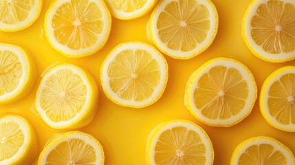 Yellow lemon slices arranged on a vibrant yellow background with Copy Space for text placement.