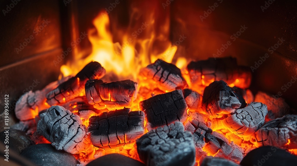 Poster glowing charcoal with flames in a fire pit showing the texture and color of burning embers copy spac