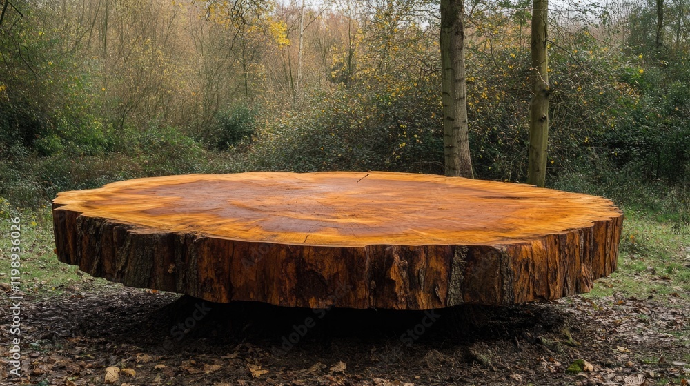 Poster large circular wooden slab table in natural forest setting surrounded by trees and foliage with copy