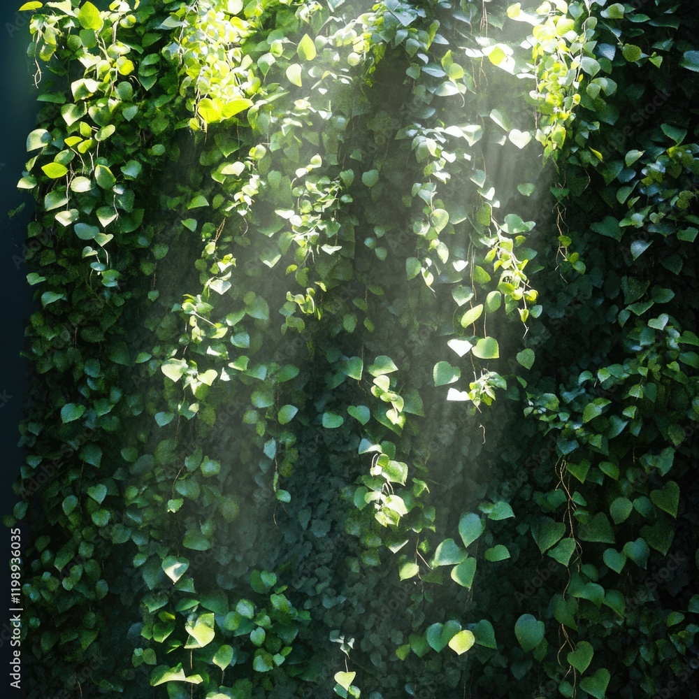 Aufkleber sunlight streaming through green ivy leaves with soft light rays and copy space for text