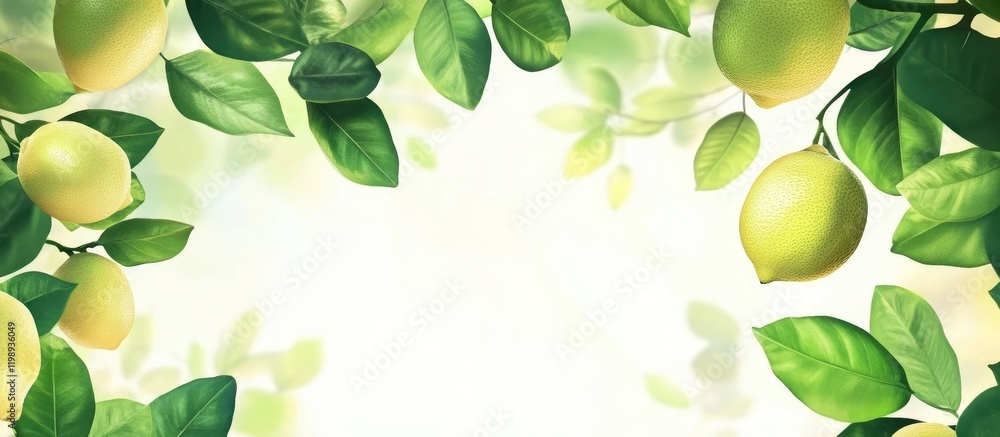 Poster lemon branches with green leaves framing a light background with copy space for text placement.
