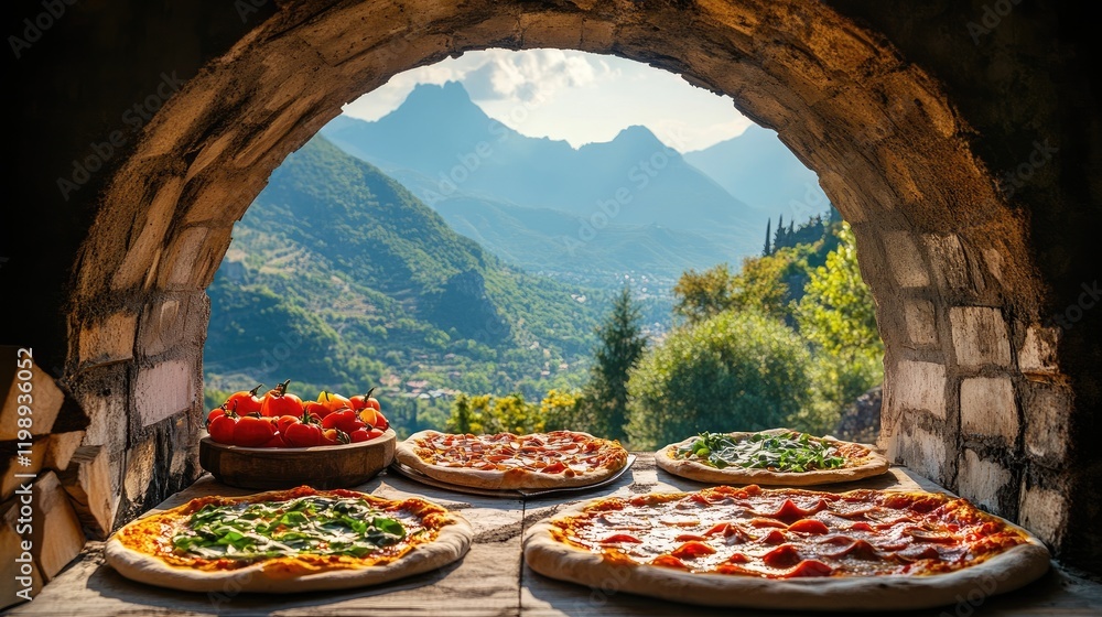 Poster pizzeria oven with freshly baked pizzas and tomatoes in rustic setting with mountain view copy space