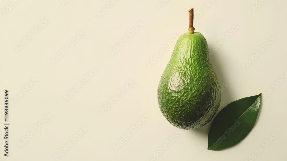 Poster fresh ripe avocado with a glossy green skin placed on a light background with a green leaf and ample