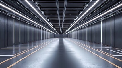 Modern, sleek, empty parking garage with bright linear lighting and dark grey walls.