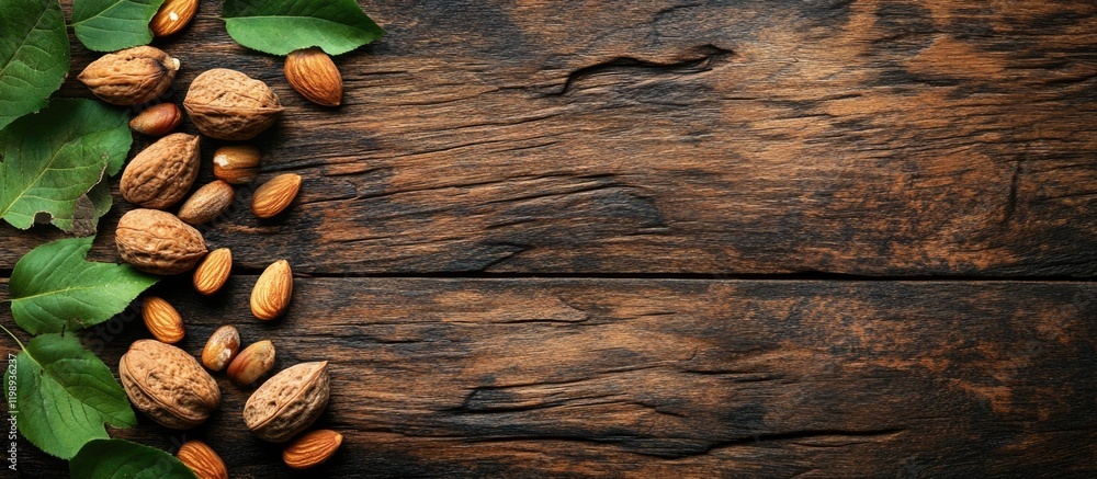 Poster mixed nuts and almonds on rustic wooden background with green leaves and copy space for text
