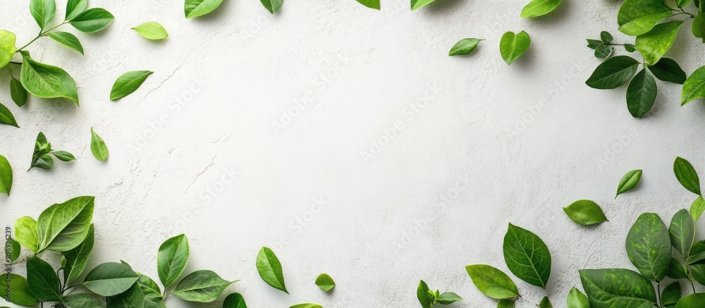 Poster green leaves frame on a light textured background with ample copy space for text placement