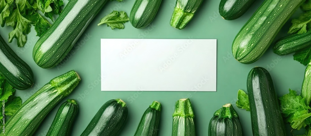 Poster fresh green zucchinis and leafy greens arranged in a circular pattern with blank copy space in the c
