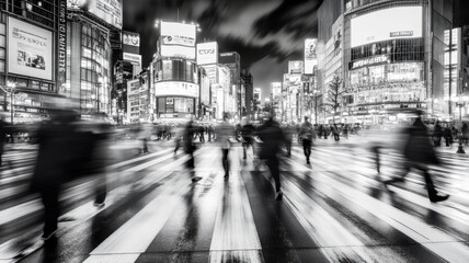 A bustling pedestrian crossing during rush hour, with blurred figures and a sense of motion and urgency, in black and white.