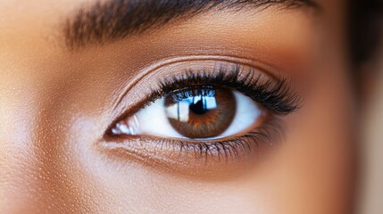 Obraz premium Close-up of a human eye showcasing detailed iris texture and eyelashes, with reflections visible in the pupil, featuring Copy Space.