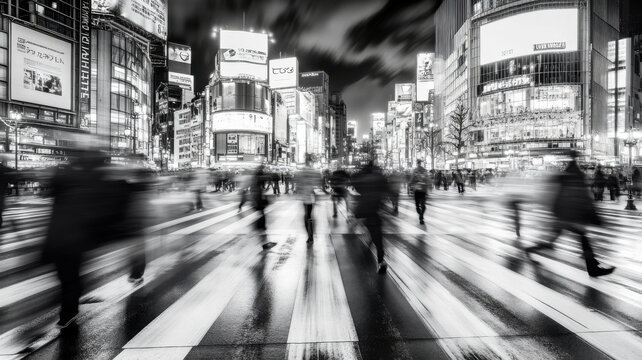 A bustling pedestrian crossing during rush hour, with blurred figures and a sense of motion and urgency, in black and white.