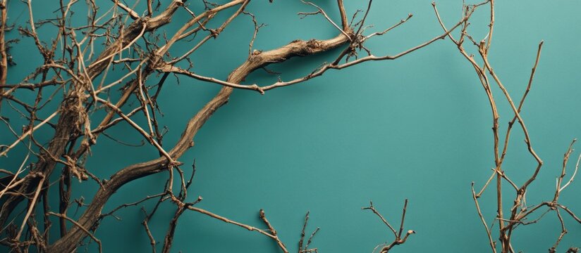 Dry twigs and branches against a teal background with copy space for text insertion