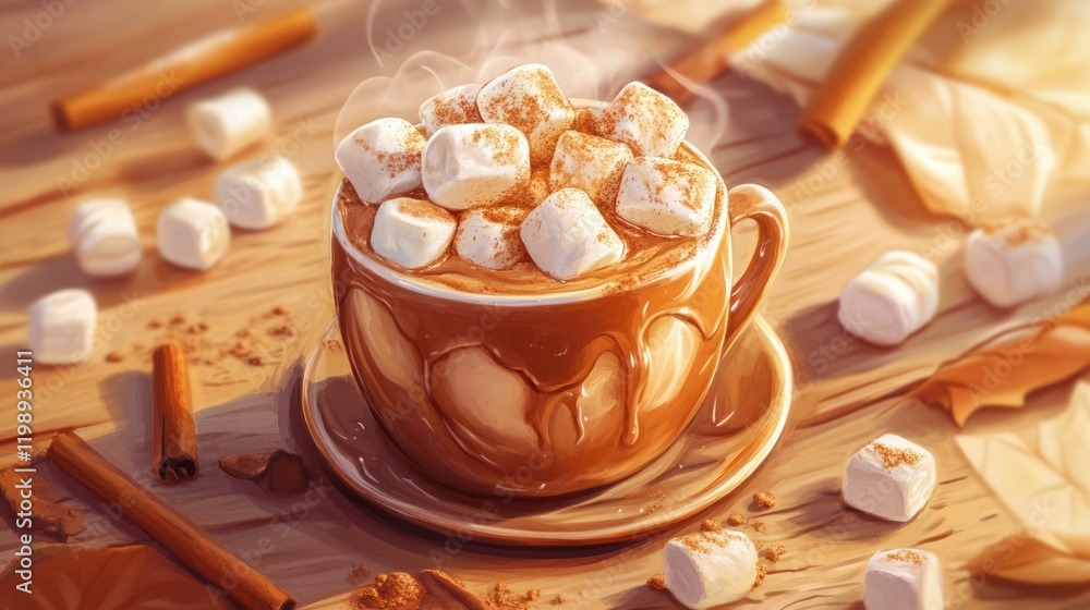 Poster hot chocolate with marshmallows in a cup on wooden table with cinnamon sticks and marshmallows in ba