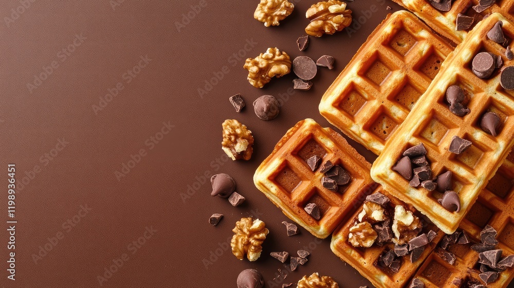 Poster delicious waffles topped with chocolate chips and walnuts on a brown background with copy space for 