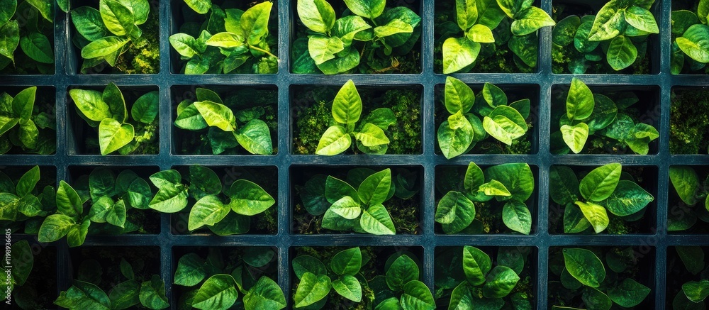 Poster lush green leaves arranged in a grid pattern within a dark planter box showcasing vibrant foliage wi