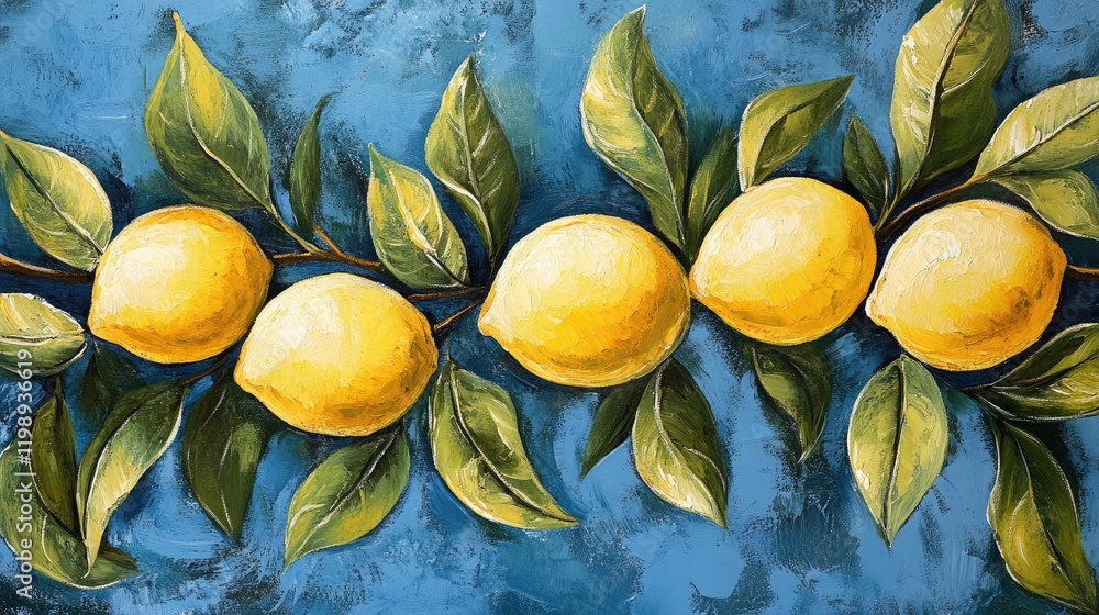 Poster fresh lemons on branches with green leaves against a textured blue background featuring ample copy s