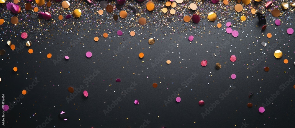 Poster colorful confetti and glitter scattered over a dark background with visible copy space for text plac