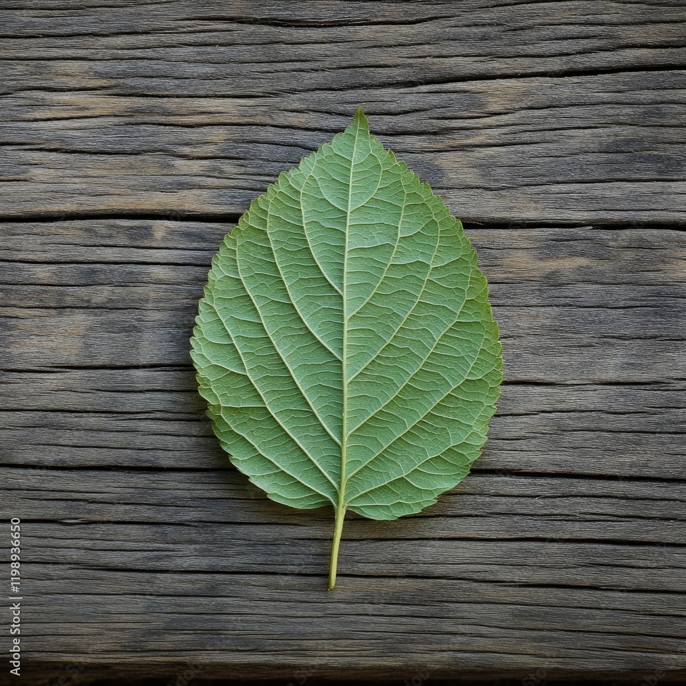 Poster green leaf on weathered wooden surface with visible texture and grain natural background with copy s