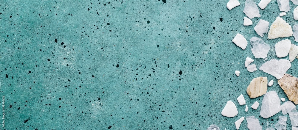 Poster textured turquoise background with scattered white stones and debris in the corner, copy space avail