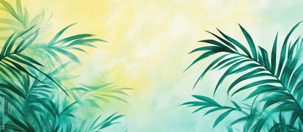 Poster tropical palm leaves background with soft gradient colors and copy space for text placement
